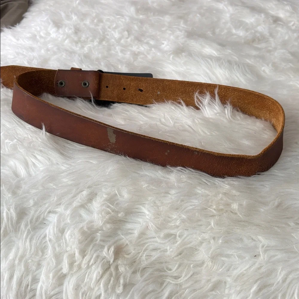 Vintage American Eagle Ride Free Brass Color Buckle & Brown Leather Belt